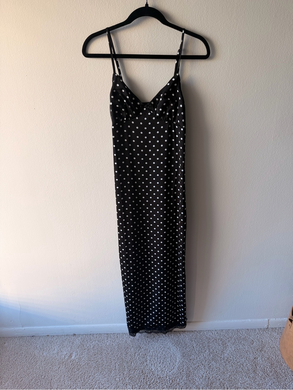 Black Polka Dot Maxi Slip Dress with Adjustable Straps